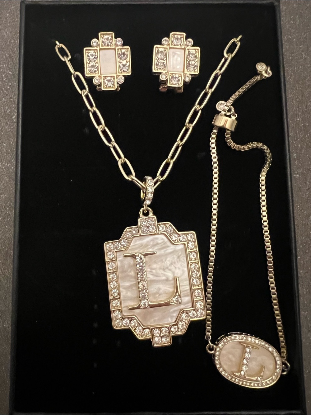Heidi Daus Initial Offering “L” Necklace Earrings and Bracelet Set NIB